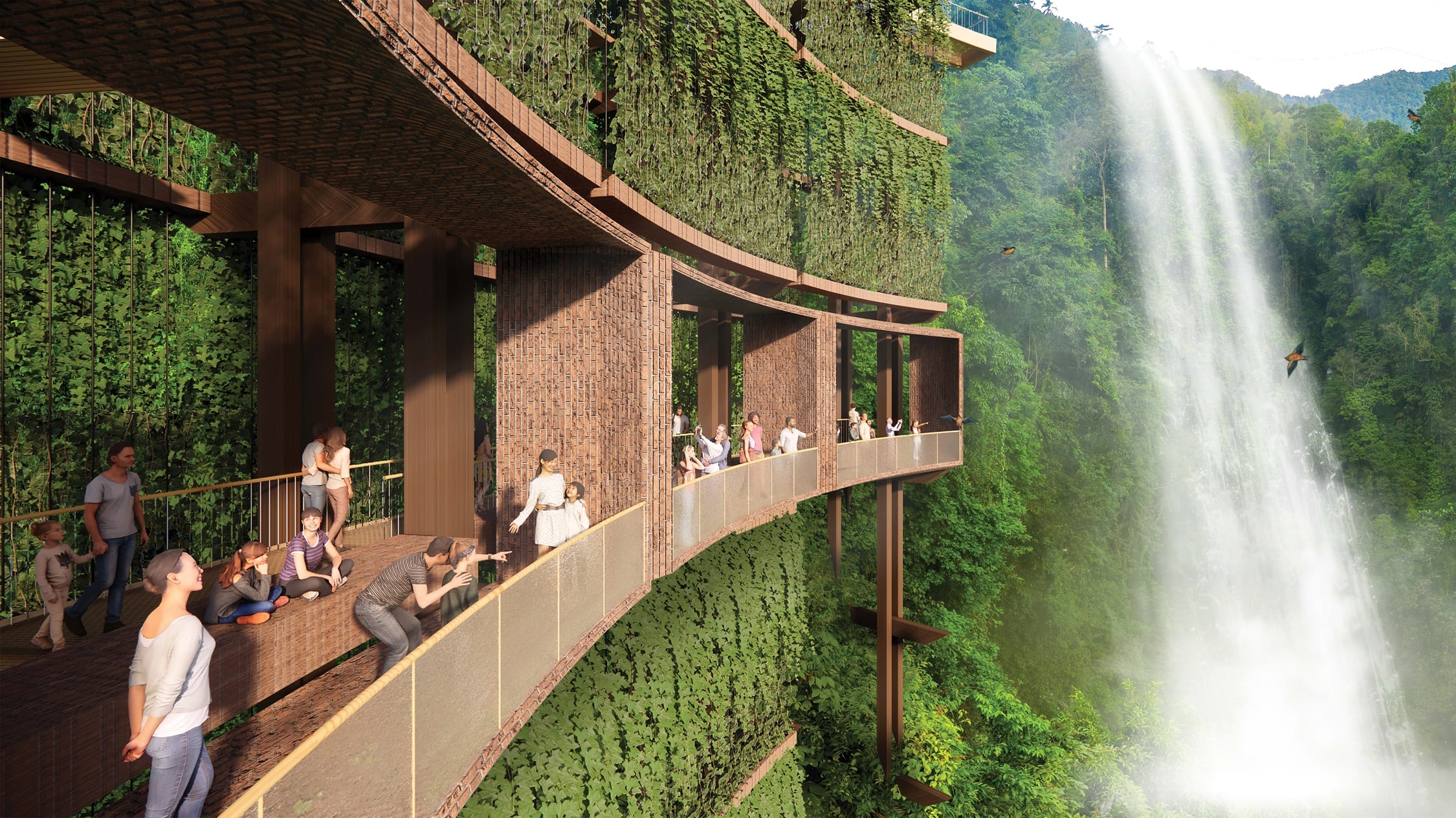 Rendering of a viewing boardwalk beside a waterfall